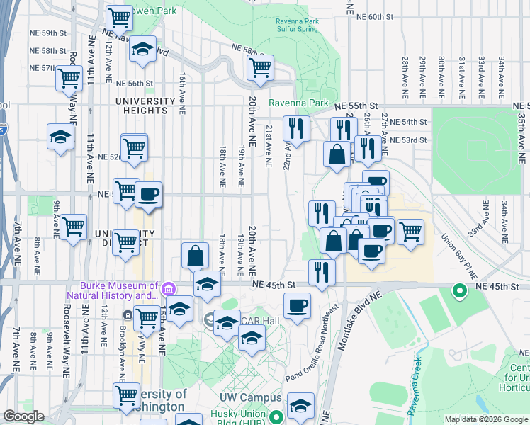map of restaurants, bars, coffee shops, grocery stores, and more near 4742 20th Avenue Northeast in Seattle