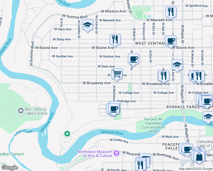 map of restaurants, bars, coffee shops, grocery stores, and more near 2325 W Broadway Ave in Spokane