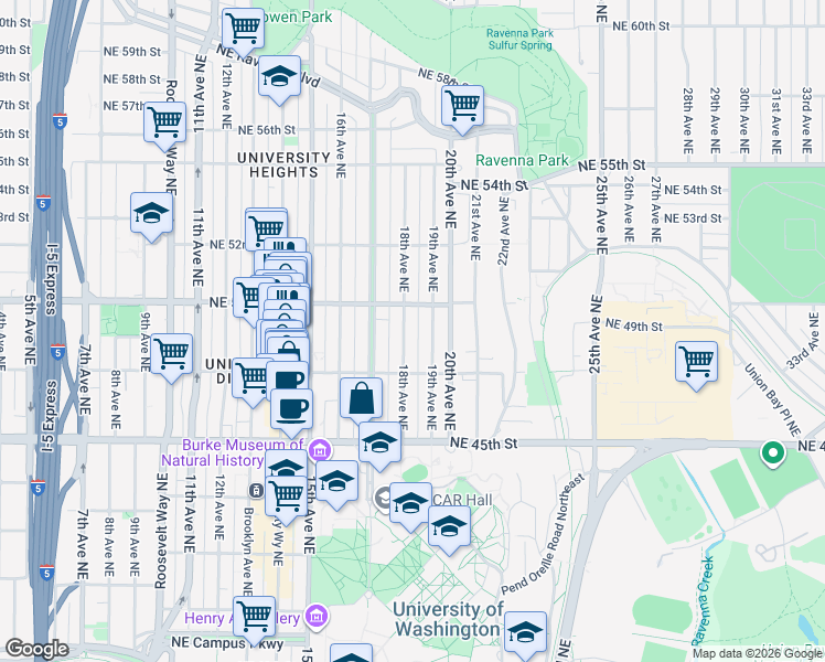 map of restaurants, bars, coffee shops, grocery stores, and more near 4737 18th Avenue Northeast in Seattle