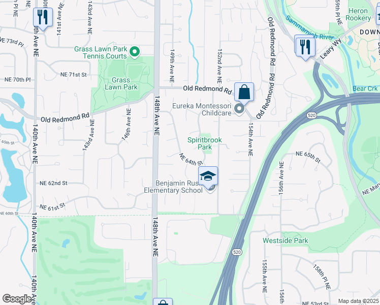 map of restaurants, bars, coffee shops, grocery stores, and more near 15002 Northeast 65th Street in Redmond