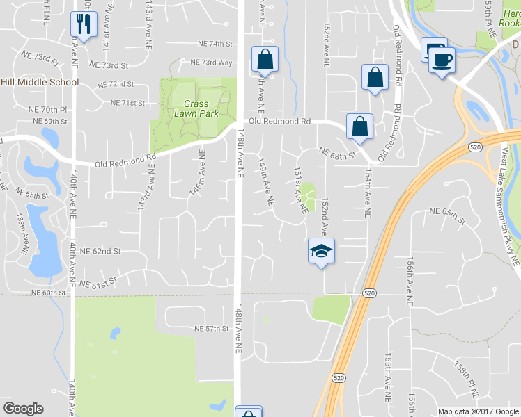 map of restaurants, bars, coffee shops, grocery stores, and more near 14822 Northeast 64th Street in Redmond