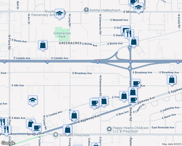 map of restaurants, bars, coffee shops, grocery stores, and more near 18123 East Springfield Avenue in Spokane Valley