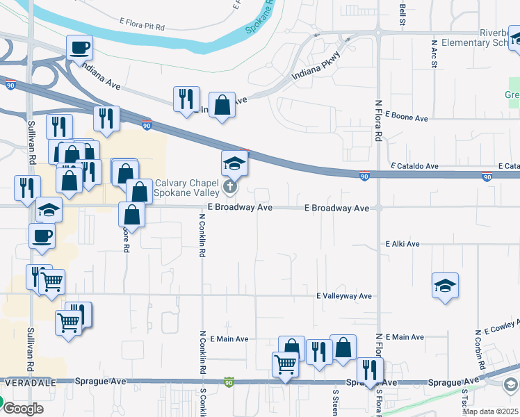 map of restaurants, bars, coffee shops, grocery stores, and more near 16506 East Broadway Avenue in Spokane Valley