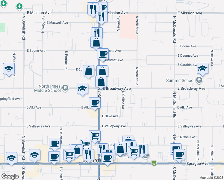 map of restaurants, bars, coffee shops, grocery stores, and more near 12324 East Broadway Avenue in Spokane Valley