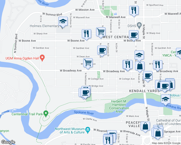 map of restaurants, bars, coffee shops, grocery stores, and more near 712 North Nettleton Street in Spokane