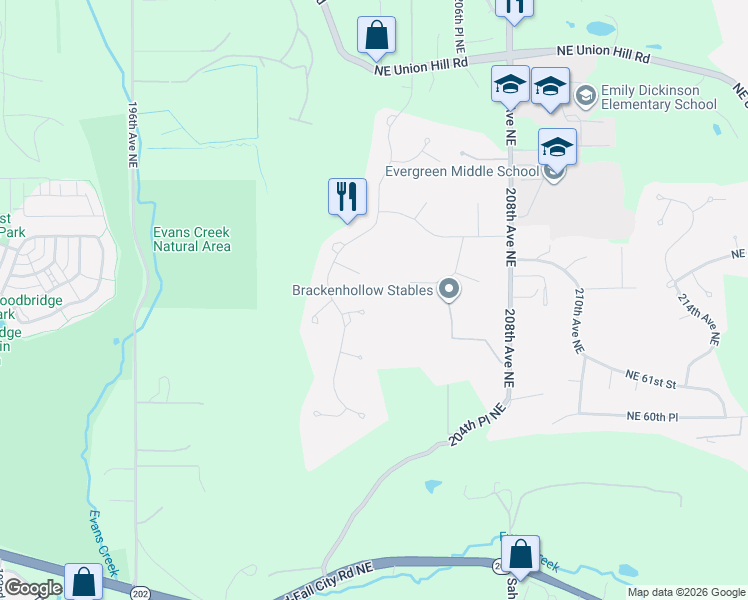 map of restaurants, bars, coffee shops, grocery stores, and more near 20424 Northeast 64th Place in Redmond