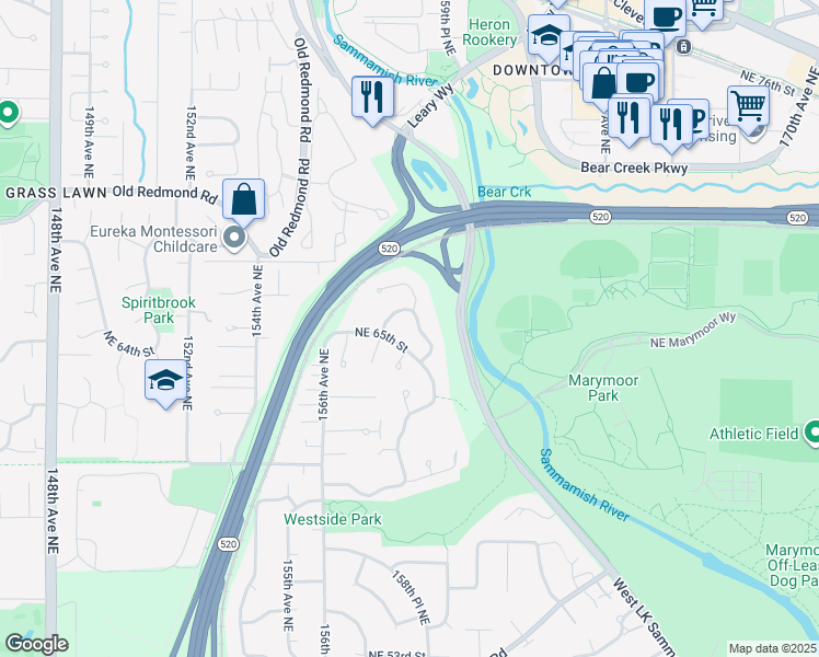 map of restaurants, bars, coffee shops, grocery stores, and more near 6534 159th Avenue Northeast in Redmond