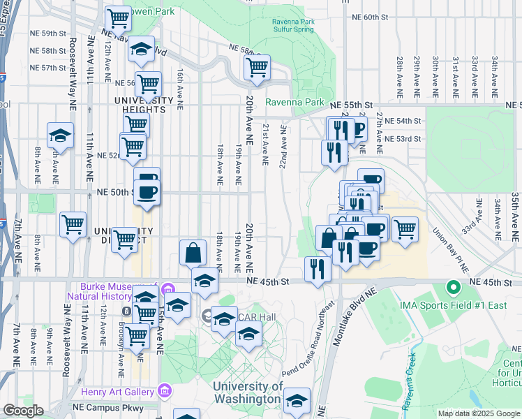 map of restaurants, bars, coffee shops, grocery stores, and more near 4742 20th Avenue Northeast in Seattle