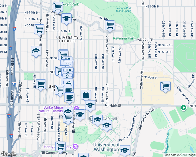 map of restaurants, bars, coffee shops, grocery stores, and more near 4737 18th Avenue Northeast in Seattle