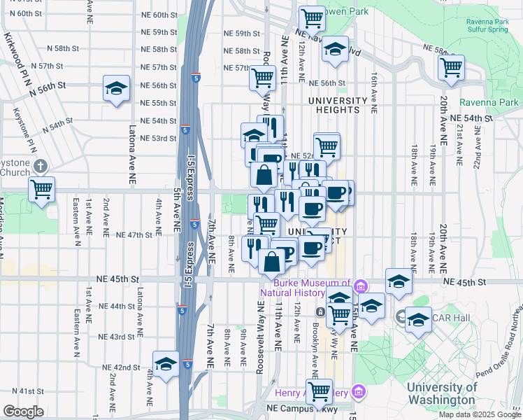map of restaurants, bars, coffee shops, grocery stores, and more near 4735 Roosevelt Way Northeast in Seattle