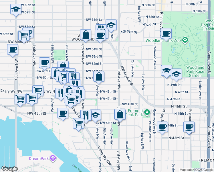 map of restaurants, bars, coffee shops, grocery stores, and more near 336 Northwest 48th Street in Seattle