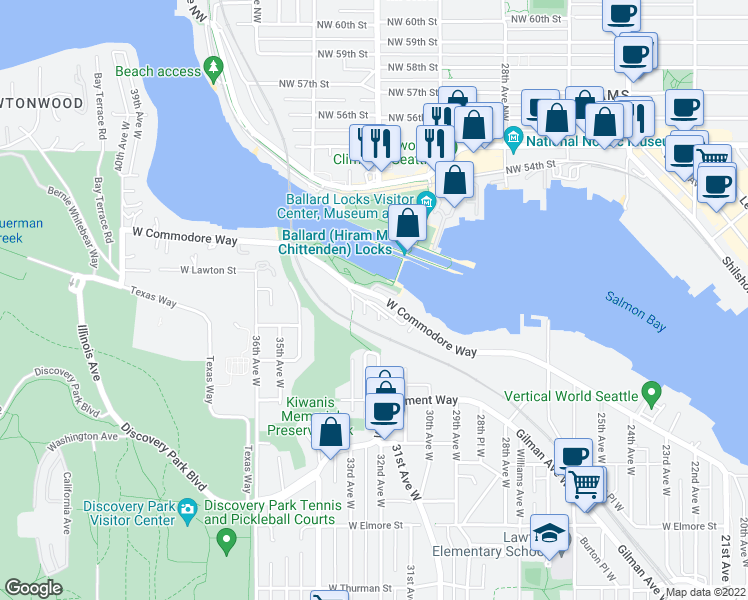 map of restaurants, bars, coffee shops, grocery stores, and more near 3207 West Harley Street in Seattle
