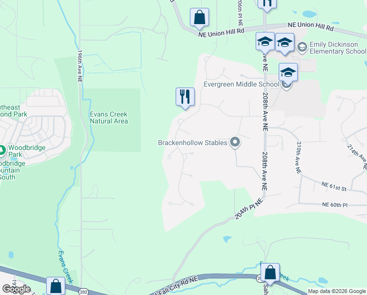 map of restaurants, bars, coffee shops, grocery stores, and more near 6410 204th Drive Northeast in Redmond