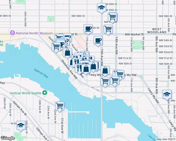 map of restaurants, bars, coffee shops, grocery stores, and more near 3610 Leary Avenue Northwest in Seattle