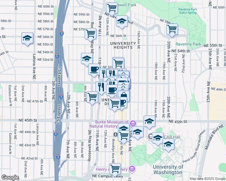 map of restaurants, bars, coffee shops, grocery stores, and more near 4737 Brooklyn Avenue Northeast in Seattle