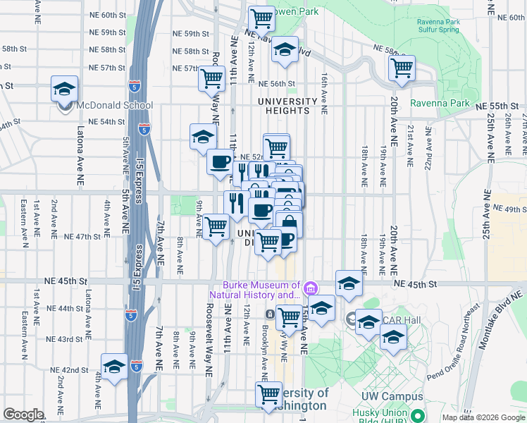 map of restaurants, bars, coffee shops, grocery stores, and more near 4727 Brooklyn Avenue Northeast in Seattle