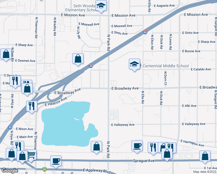 map of restaurants, bars, coffee shops, grocery stores, and more near 814 North Park Road in Spokane Valley