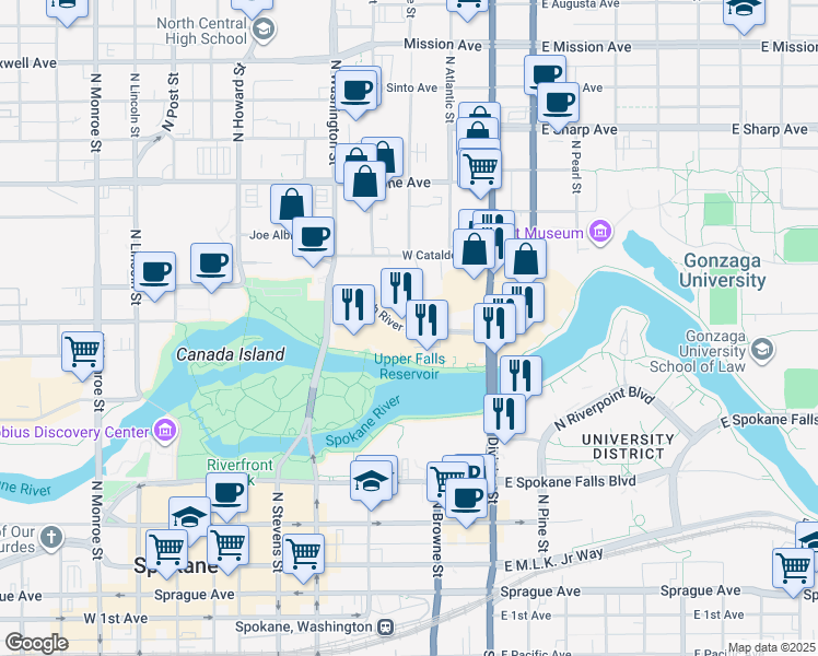 map of restaurants, bars, coffee shops, grocery stores, and more near West North River Drive in Spokane