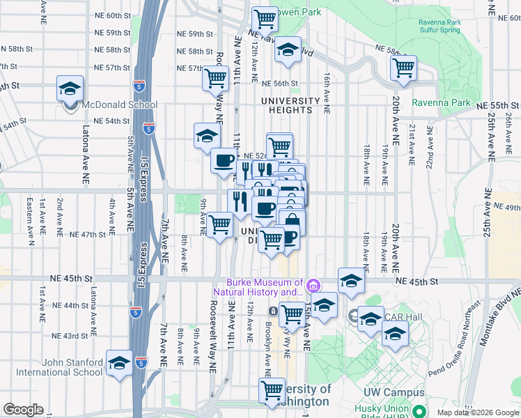 map of restaurants, bars, coffee shops, grocery stores, and more near 4744 12th Avenue Northeast in Seattle