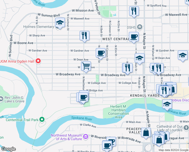 map of restaurants, bars, coffee shops, grocery stores, and more near 2117 West Broadway Avenue in Spokane