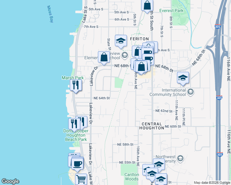 map of restaurants, bars, coffee shops, grocery stores, and more near 10315 Northeast 65th Way in Kirkland