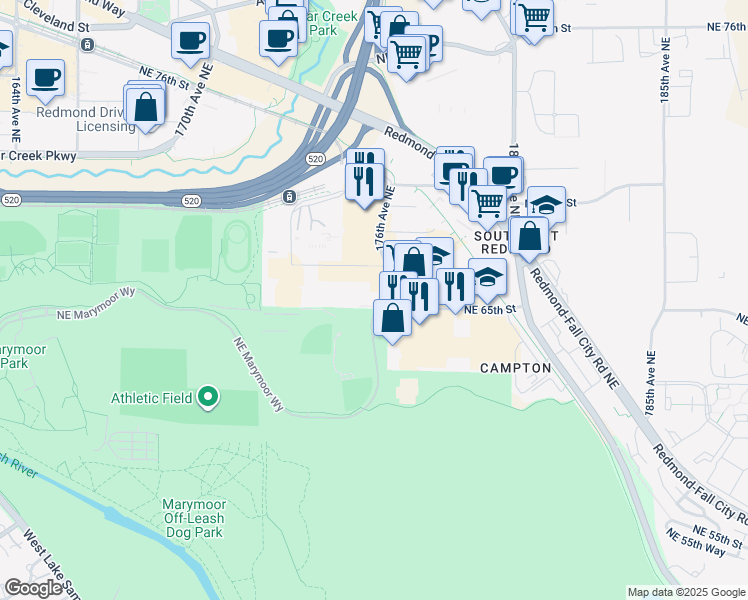 map of restaurants, bars, coffee shops, grocery stores, and more near 6505 176th Avenue Northeast in Redmond