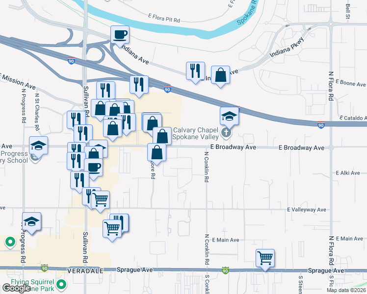 map of restaurants, bars, coffee shops, grocery stores, and more near 16301 East Broadway Avenue in Spokane Valley