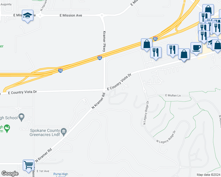 map of restaurants, bars, coffee shops, grocery stores, and more near 17269 Country Vista Drive in Liberty Lake