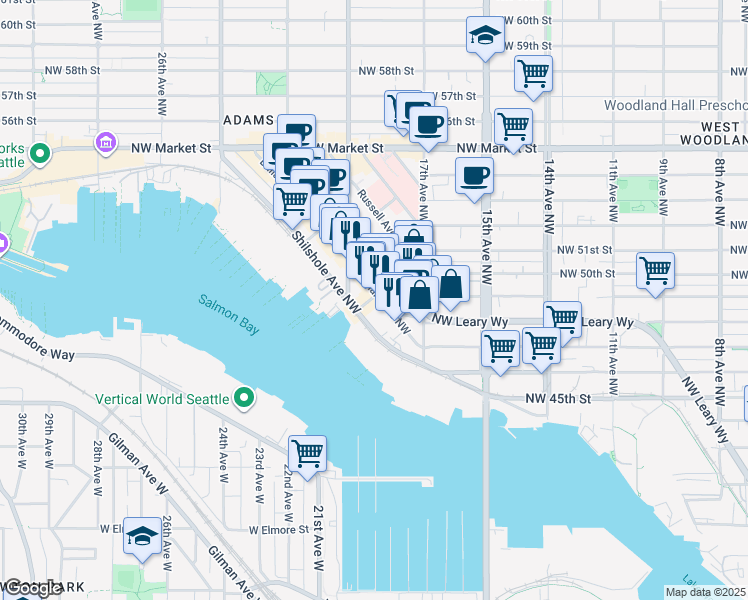 map of restaurants, bars, coffee shops, grocery stores, and more near Northwest Dock Place in Seattle