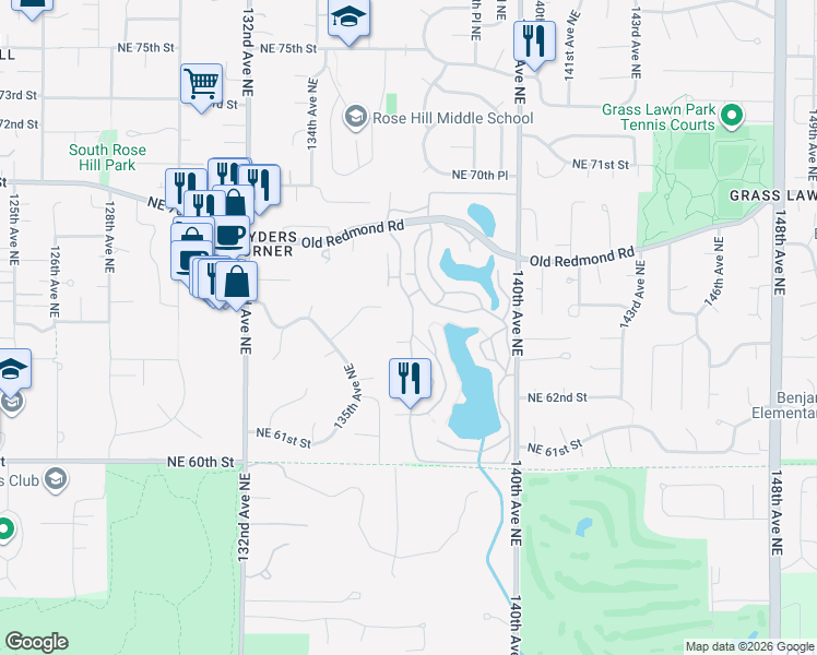 map of restaurants, bars, coffee shops, grocery stores, and more near 6347 137th Avenue Northeast in Redmond