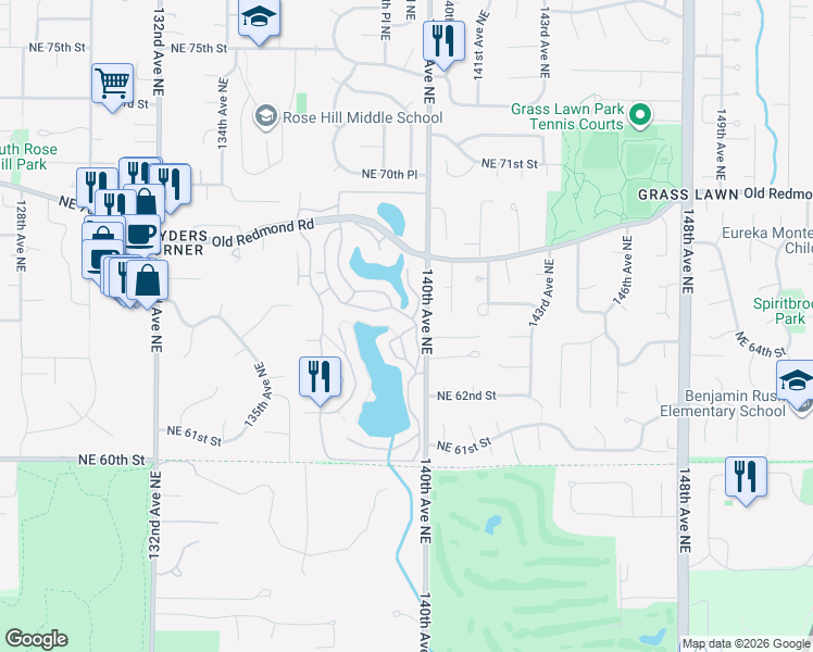 map of restaurants, bars, coffee shops, grocery stores, and more near 6525 139th Place Northeast in Redmond