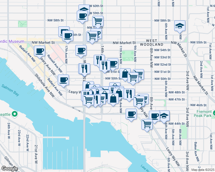 map of restaurants, bars, coffee shops, grocery stores, and more near 1148 Northwest Leary Way in Seattle