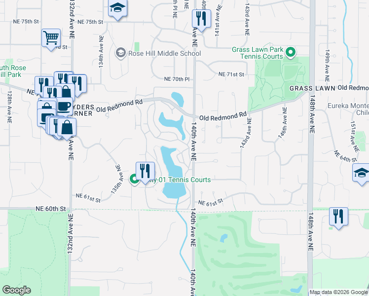map of restaurants, bars, coffee shops, grocery stores, and more near 6439 139th Avenue Northeast in Redmond