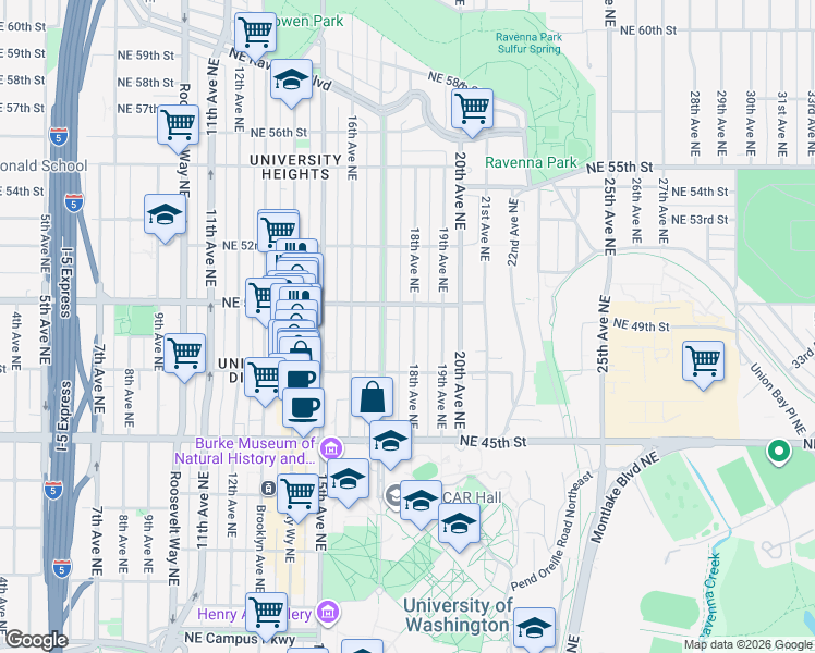 map of restaurants, bars, coffee shops, grocery stores, and more near 4737 18th Avenue Northeast in Seattle