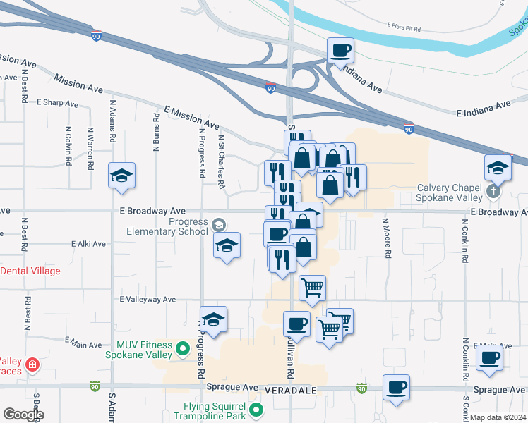 map of restaurants, bars, coffee shops, grocery stores, and more near 15402 East Broad Avenue in Spokane Valley