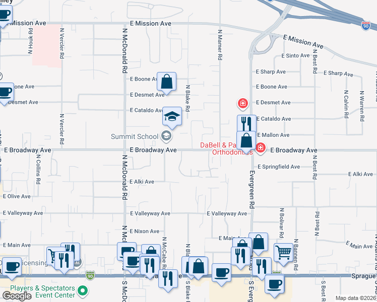 map of restaurants, bars, coffee shops, grocery stores, and more near 13506 East Broadway Avenue in Spokane Valley