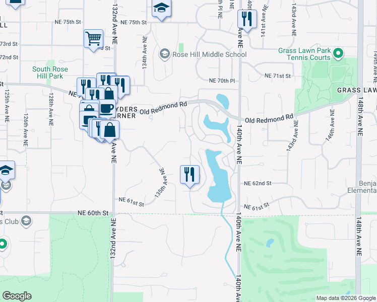 map of restaurants, bars, coffee shops, grocery stores, and more near 6347 137th Avenue Northeast in Redmond