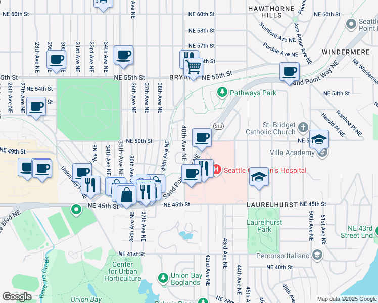 map of restaurants, bars, coffee shops, grocery stores, and more near 4728 40th Avenue Northeast in Seattle
