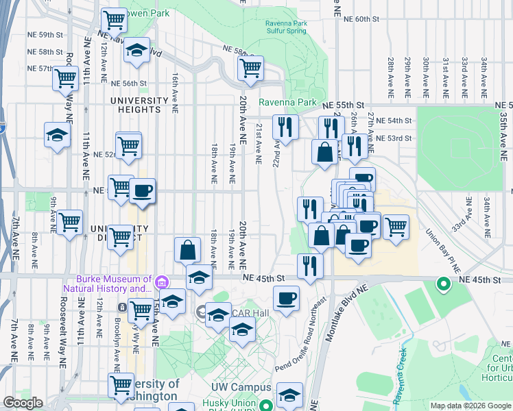 map of restaurants, bars, coffee shops, grocery stores, and more near 4742 20th Avenue Northeast in Seattle