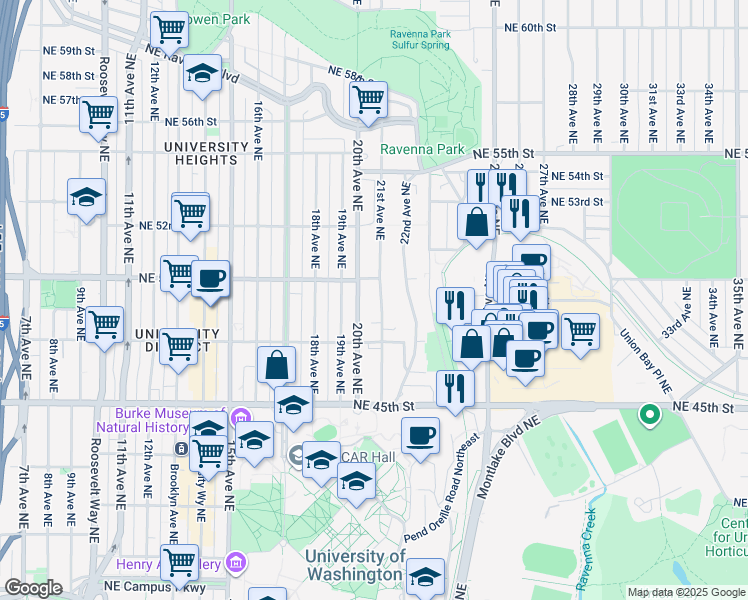 map of restaurants, bars, coffee shops, grocery stores, and more near 4742 20th Avenue Northeast in Seattle