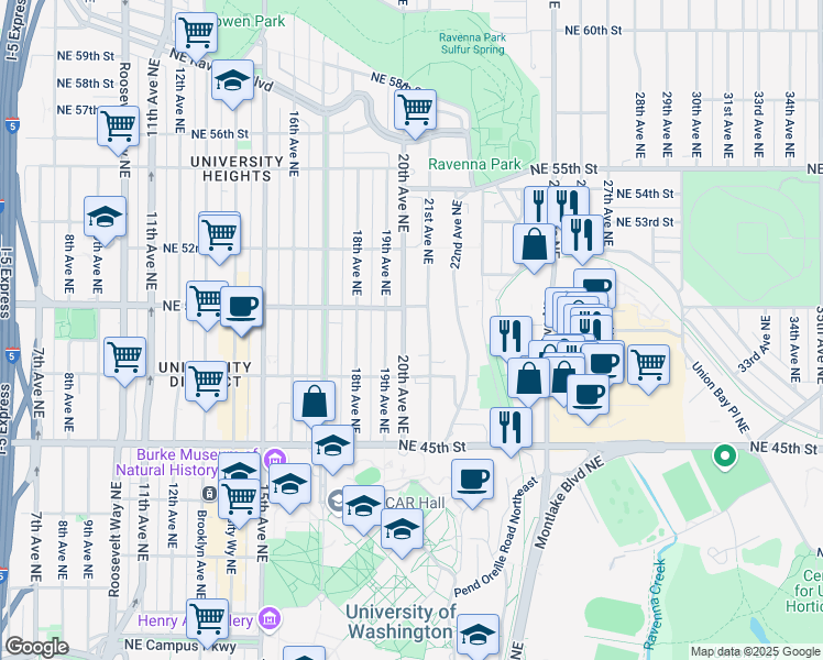 map of restaurants, bars, coffee shops, grocery stores, and more near 4742 20th Avenue Northeast in Seattle