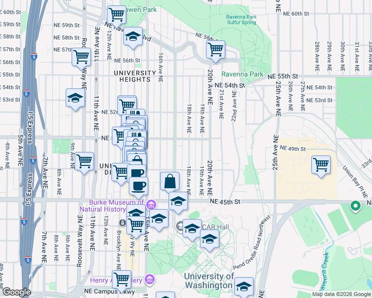 map of restaurants, bars, coffee shops, grocery stores, and more near 4737 18th Avenue Northeast in Seattle