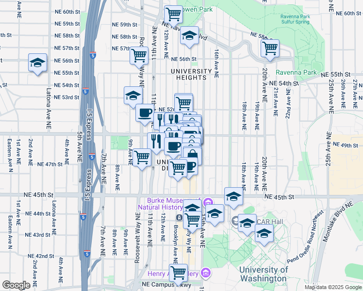 map of restaurants, bars, coffee shops, grocery stores, and more near 4727 Brooklyn Avenue Northeast in Seattle