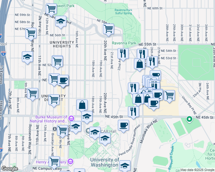 map of restaurants, bars, coffee shops, grocery stores, and more near 4742 20th Avenue Northeast in Seattle