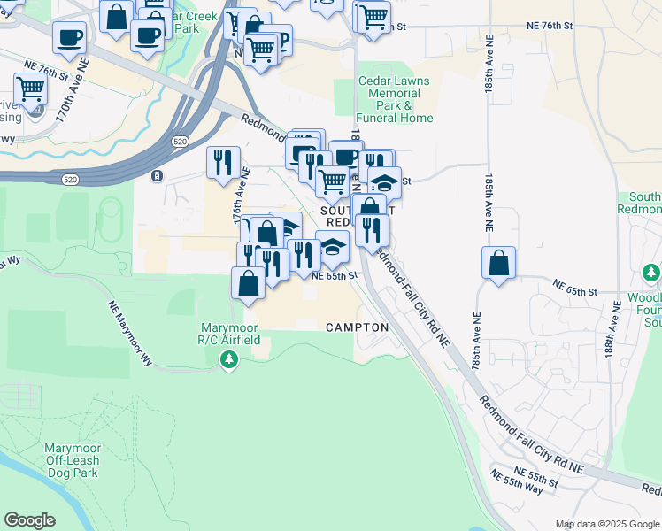 map of restaurants, bars, coffee shops, grocery stores, and more near 17950 Northeast 65th Street in Redmond