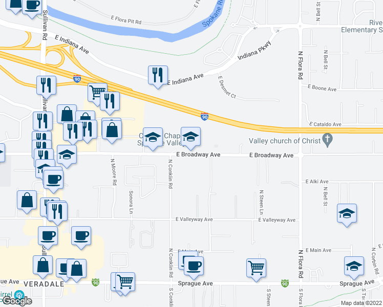 map of restaurants, bars, coffee shops, grocery stores, and more near 16409 East Broadway Avenue in Spokane Valley