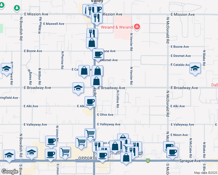 map of restaurants, bars, coffee shops, grocery stores, and more near 12402 East Broadway Avenue in Spokane Valley
