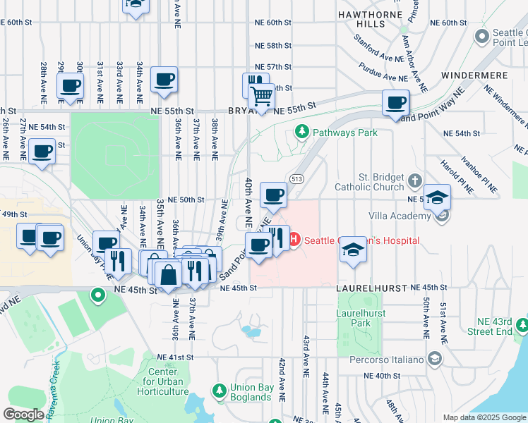 map of restaurants, bars, coffee shops, grocery stores, and more near 4728 40th Avenue Northeast in Seattle