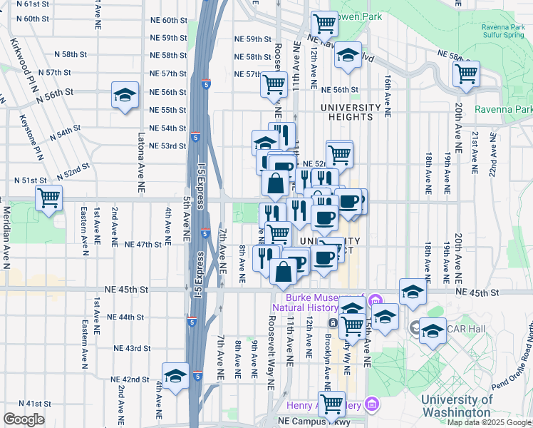 map of restaurants, bars, coffee shops, grocery stores, and more near 4735 Roosevelt Way Northeast in Seattle