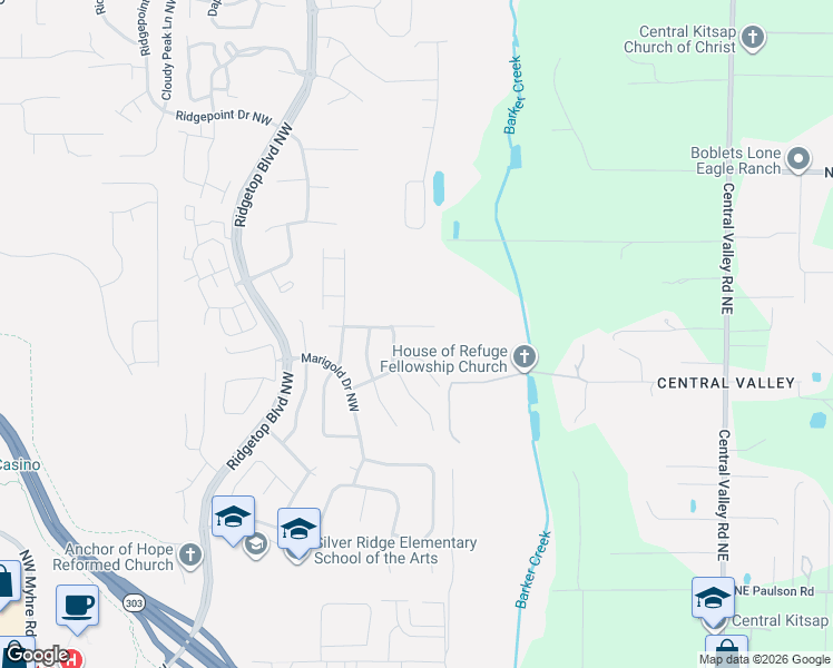 map of restaurants, bars, coffee shops, grocery stores, and more near 1084 Northwest Gladiola Court in Silverdale